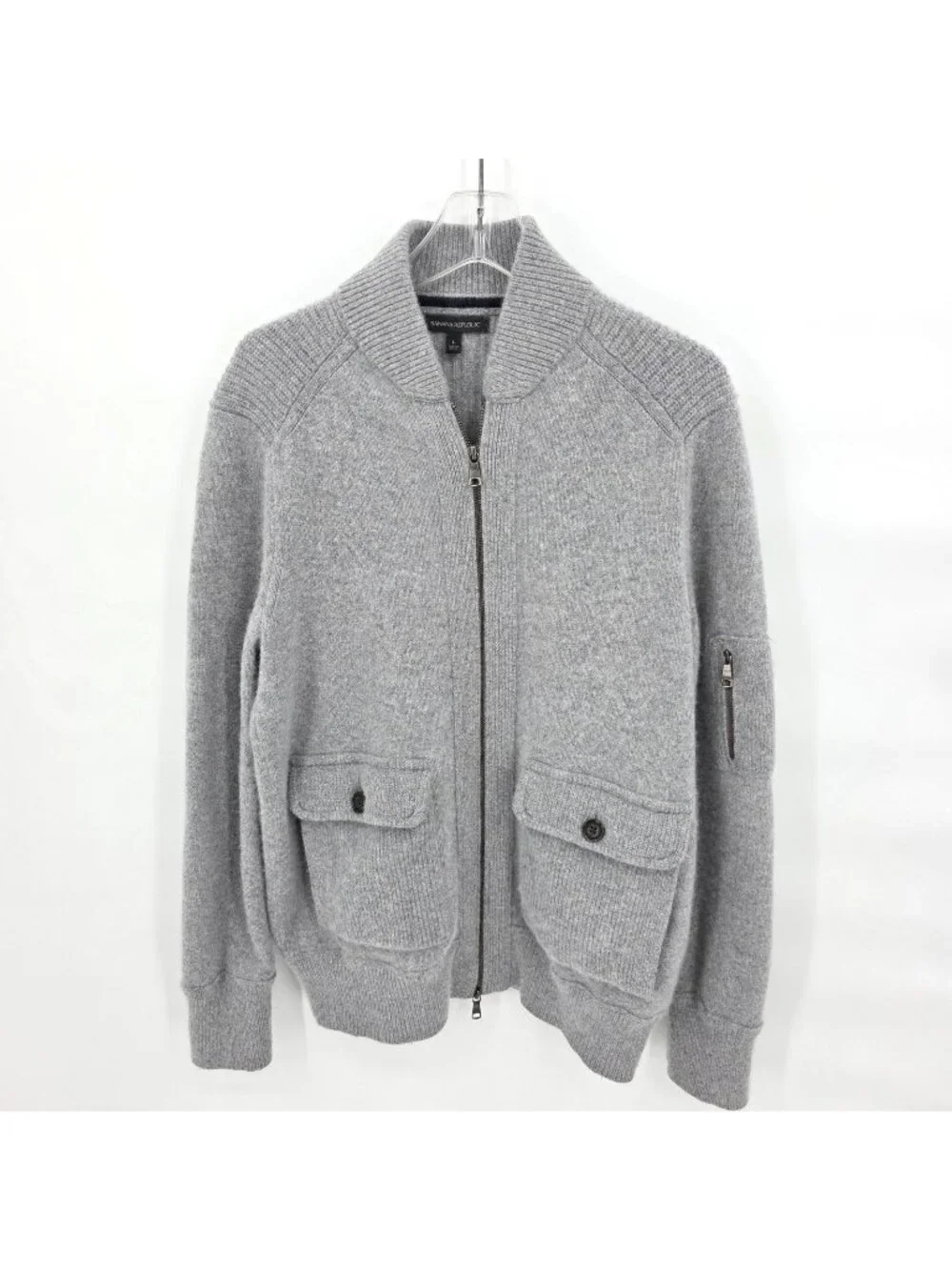 Banana Republic Sweater Mens L Gray Merino Wool Blend Full Zip Pockets Cardigan